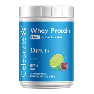 Celebrate Vassleprotein Cherry Twist-behållare med blå etikett på vit bakgrund