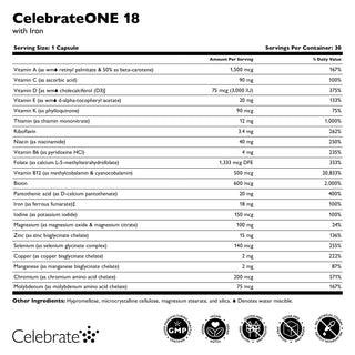 CelebrateONE 18 Kerran päivässä otettava bariatrinen monivitamiinikapseli raudalla 