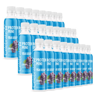 Flera flaskor av Celebrate Protein Mini med smak av Grape på vit bakgrund