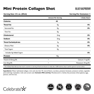 Näringsdeklaration för en Mini Protein Collagen Shot med blå hallonsmak, inklusive portionsstorlek, kalorier och ingredienser.