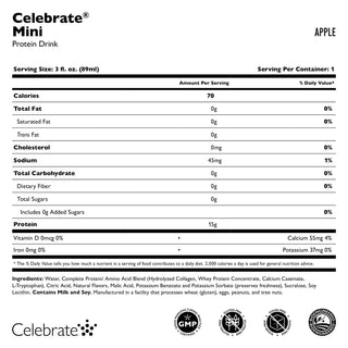 Näringsdeklaration för Celebrate Mini Protein Drink med äppelsmak på vit bakgrund