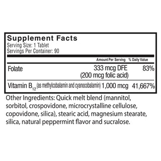 Supplement Fakten für Celebrate's b12 nach Magen Hülse schnell schmelzen Tabletten in Minze Geschmack in 90 count Flasche